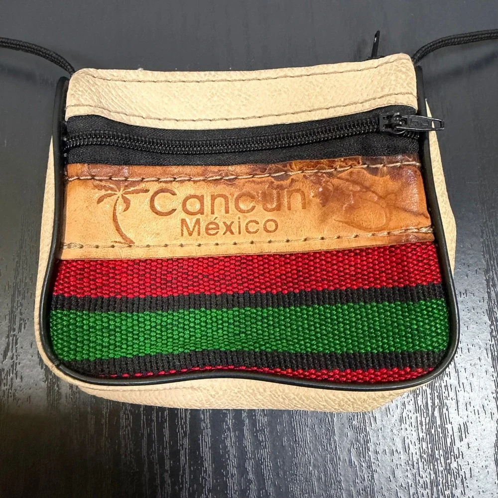 Cancun Mexico Souvenir Crossbody Bag Small Woven Striped Leather Neck Pouch 0110